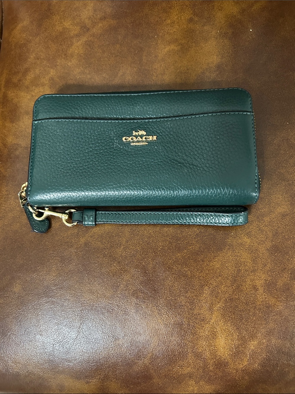 Coach Dark Green Pebbled Leather Wristlet with Gold Hardware